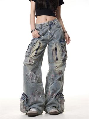 High Street Trendy Unisex Blue Wide-Leg Multi-Pocket Cargo Jeans
