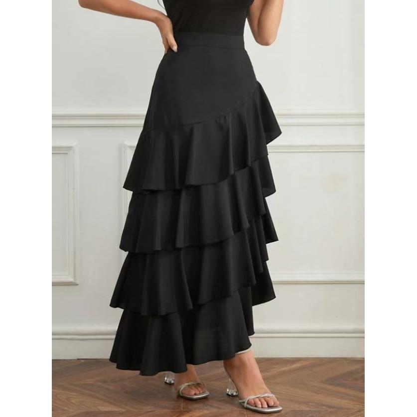 Qooth Spring Summer New High Waist Slimming Irregular Skirt Elegant Temperament Lotus Leaf Edge Mid-Length Skirt QT2509