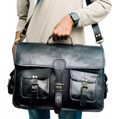 Vintage Laptop Messenger Briefcase Bag Satchel Black Men's Buff Leather