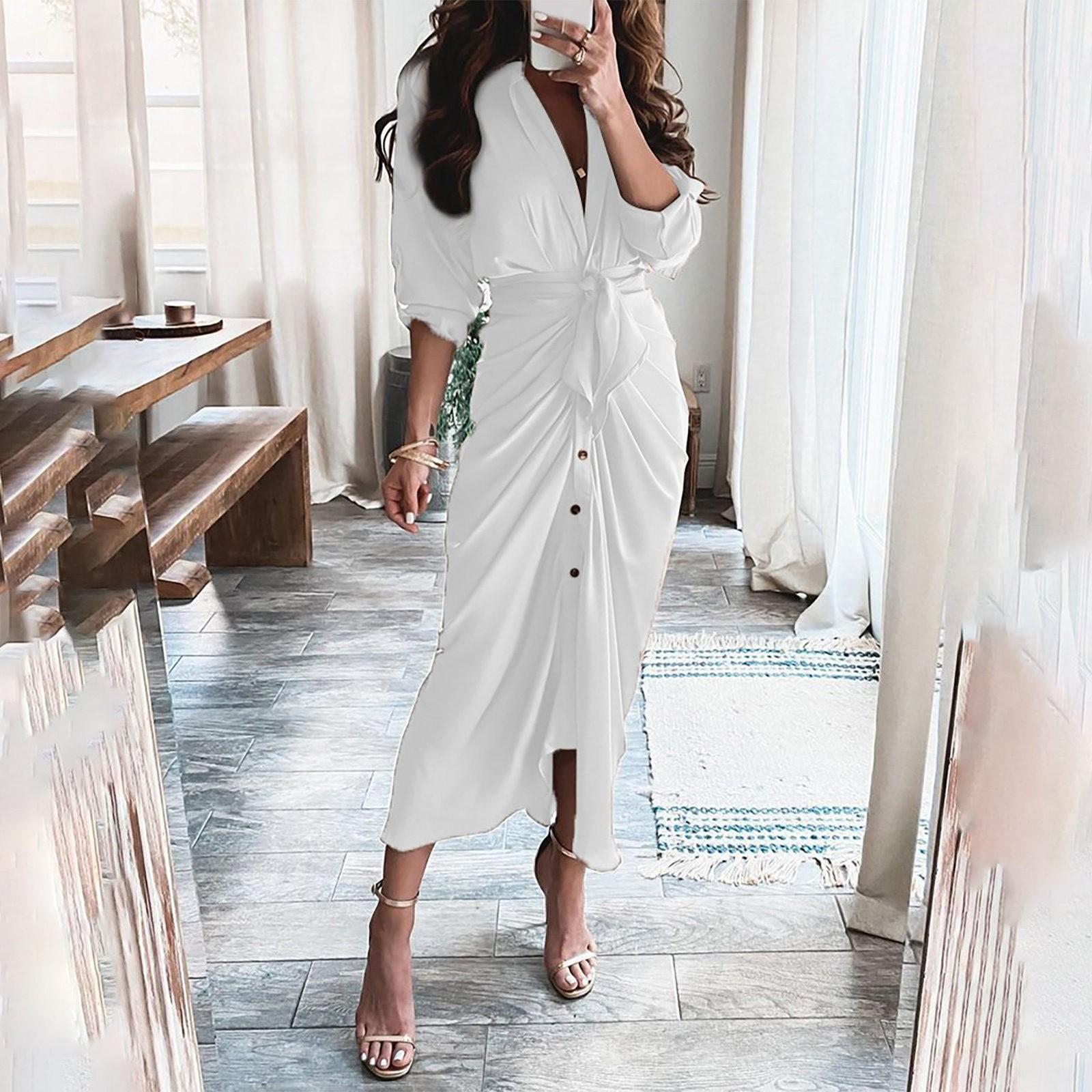 

Women s Fashion Loose V-neck Button Print Lace-up Waist-length Sleeve Dress L білий
