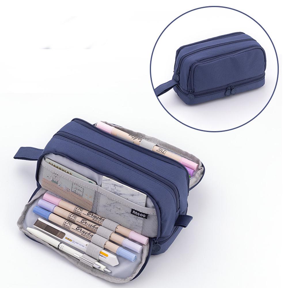 Large Capacity Pencil Case Simple Solid Color Stationery Box Double Layer Multifunctional Pen Pouch Students School Supplies