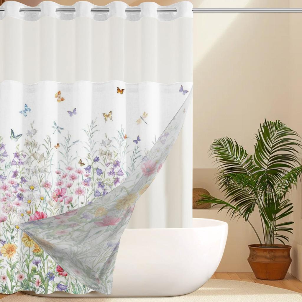 No Hook floral and butterfly Shower Curtain With Snap-in Fabric Liner, Sheer Top Window, Waterproof Double Layer Bathtub curtain