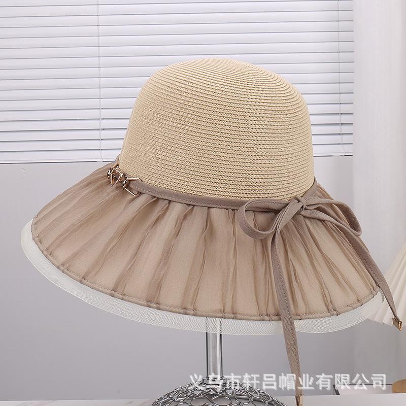 Summer new pleated bow light luxury temperament mesh gauze hat women's outdoor travel versatile big eaves fisherman hat