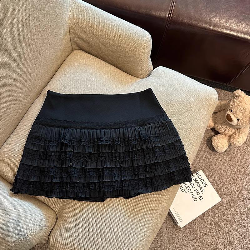 

Sweet & Spicy Lace Pleated Mini Skirt with Safety Shorts - Slimming, Versatile A-line Cake Skirt for Women, Autumn Design 4XL чёрный
