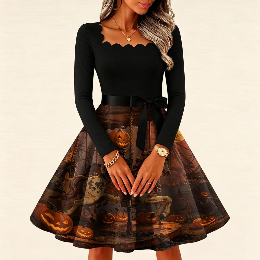 Women's Vintage Long Sleeve Square Neck Dress with Halloween Print for Party Evening Wear