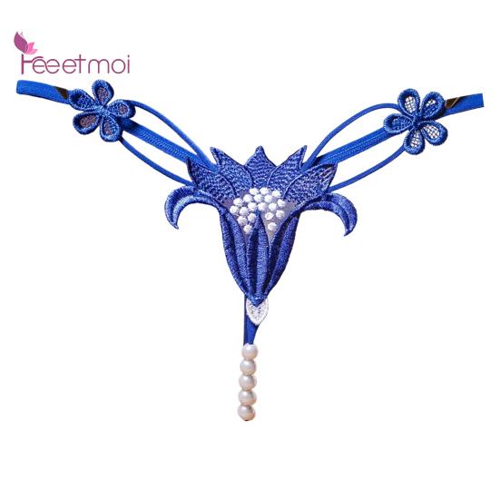 Damenhöschen, atmungsaktiv, niedriger Nylon-Blumenperlen-Unterwäsche, Tanga-Taille