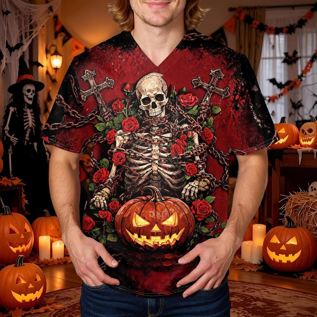 Men's Halloween Print Scrub Top Round Neck Work Uniform Shirt