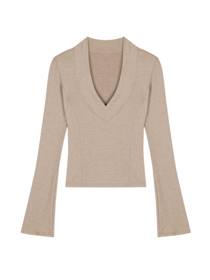 Women's Slim Fit V-Neck Knit Top - Long Sleeve, Elastic Base Layer for Autumn/Winter