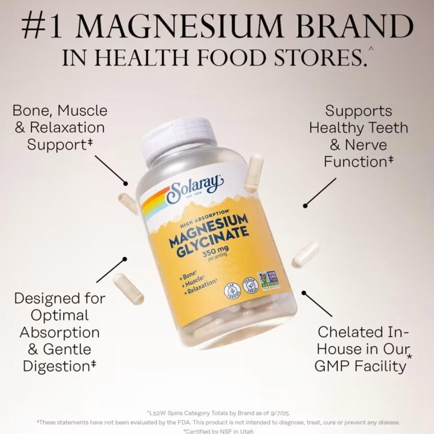 Solaray High Absorption Magnesium Glycinate 350mg Veggie Capsules, 240 Count