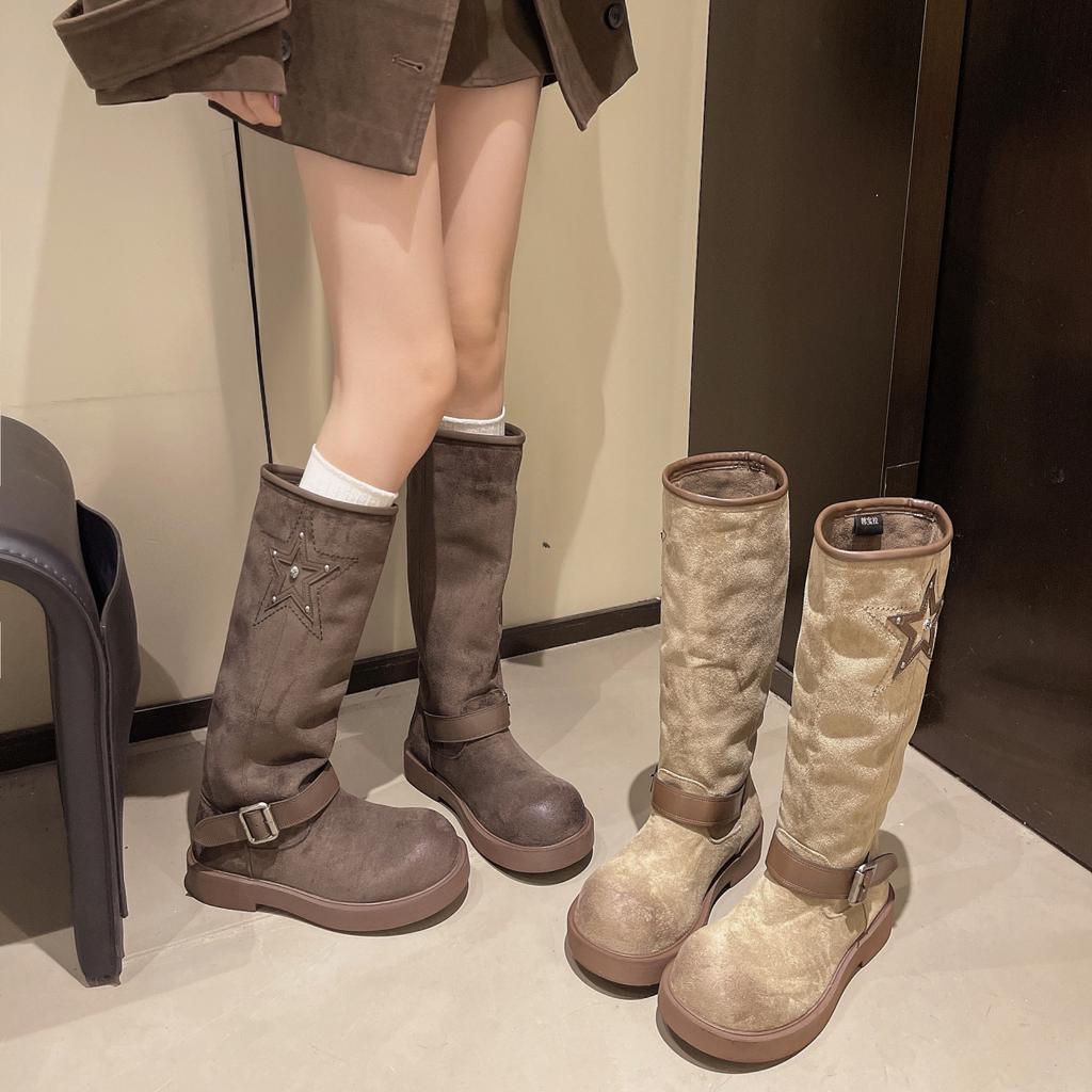 [Fanfuna] 2025 Autumn and Winter New Thick-bottomed Matte Retro Wasteland Wind Belt Buckle Medium Boots Knight Boots