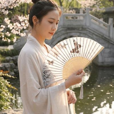 Elegant Chinese Style Bamboo Folding Fan Ink Wash Painting Antique Dance Fan with Tassel Handheld Silk Hand Fan Dance Props