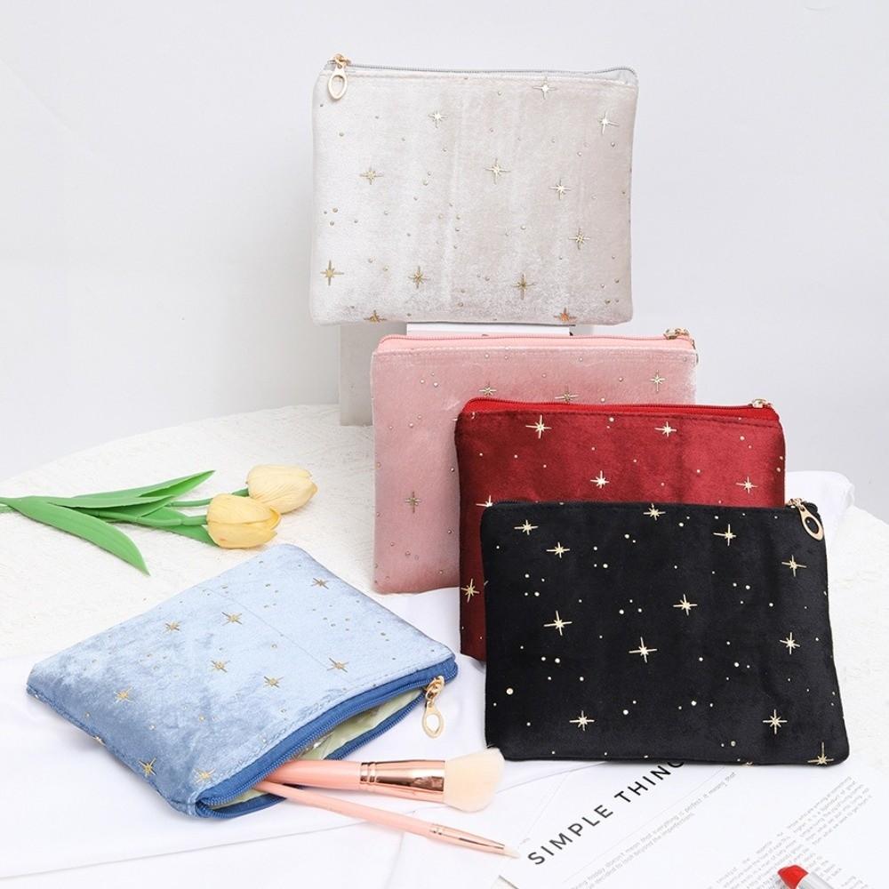 Fashion Portable Cosmetic Bag Hot Stamping Star Pattern Soft Velvet Women Toiletry Bag with Zipper Make Up Storage Bag