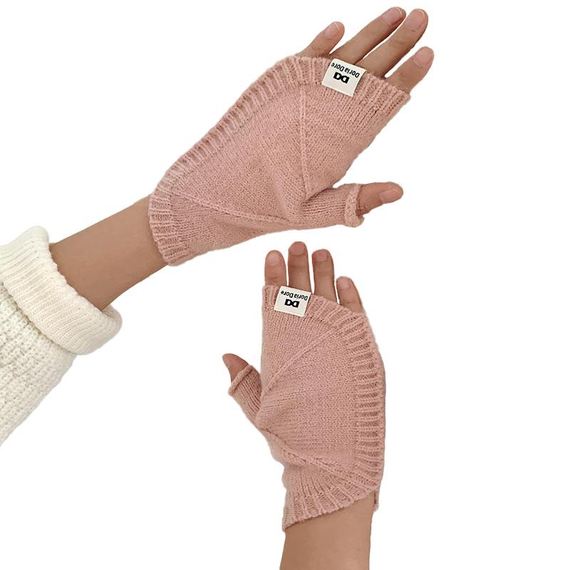DX Winter Shell Half Knitted Gloves Female Cute Winter Dew Finger Half Finger Gloves Student Wool Warm Gloves Wholesale