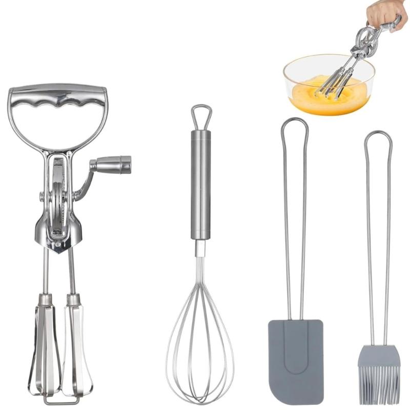 Nonrust Steel Hand Cranks Eggs Whisks Set Includes 4 Baking Tool Manual Eggs Whisks Set For Cream Batter Preparation