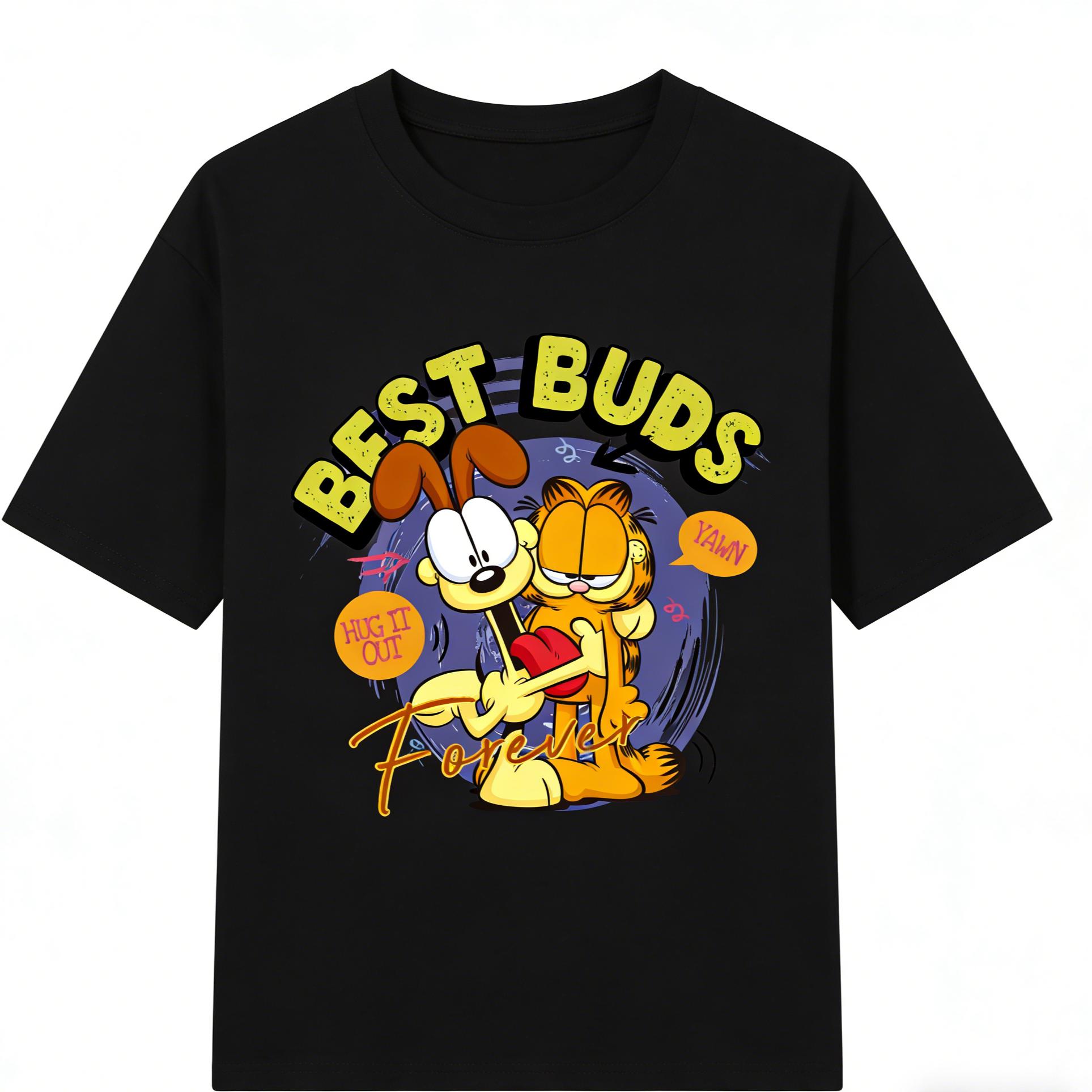 Garfield & Odie  BEST BUDS  Friends Print Short Sleeve T-Shirt, American Streetwear Brand Heavyweight Cotton Loose Fit Oversized Couple Top S