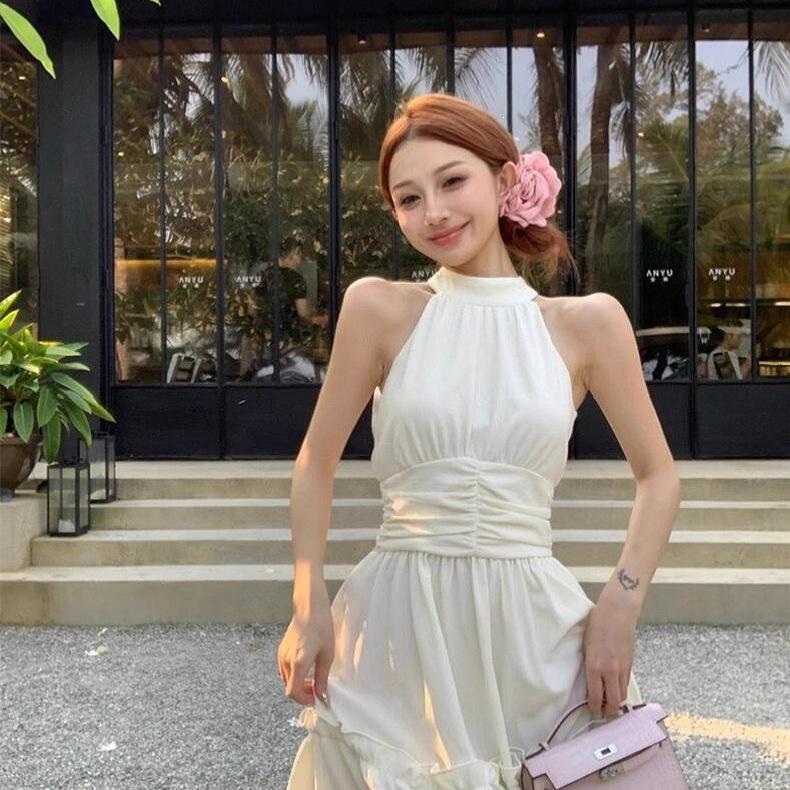 Beige Neck Waist Dress Women's Summer Gentle Wind Temperament Thin Medium and Long French First Love Cake Dress