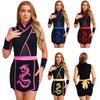 Womens Ninja Costume Stand Collar Sleeveless Mesh Patchwork Back Invisible Zipper Dragon Print Apron Oversleeve Cosplay Set