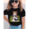 European Sizes Summer Fashion Girls' Short-Sleeve T-Shirt with Three Little Cats Lying Together Cartoon Print, Casual and Versatile Top