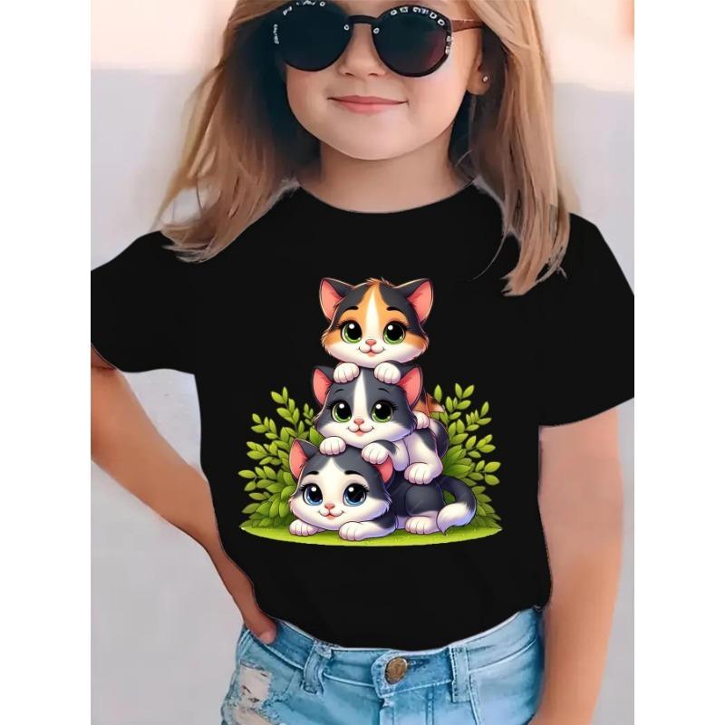 European Sizes Summer Fashion Girls' Short-Sleeve T-Shirt with Three Little Cats Lying Together Cartoon Print, Casual and Versatile Top