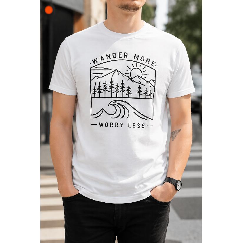 Plus Size - Men's T-Shirt S-5XL Featuring Wander More Worry Less Graphic Print With Mountain Forest And Wave Design, Casual Short-Sleeve Crew-Neck