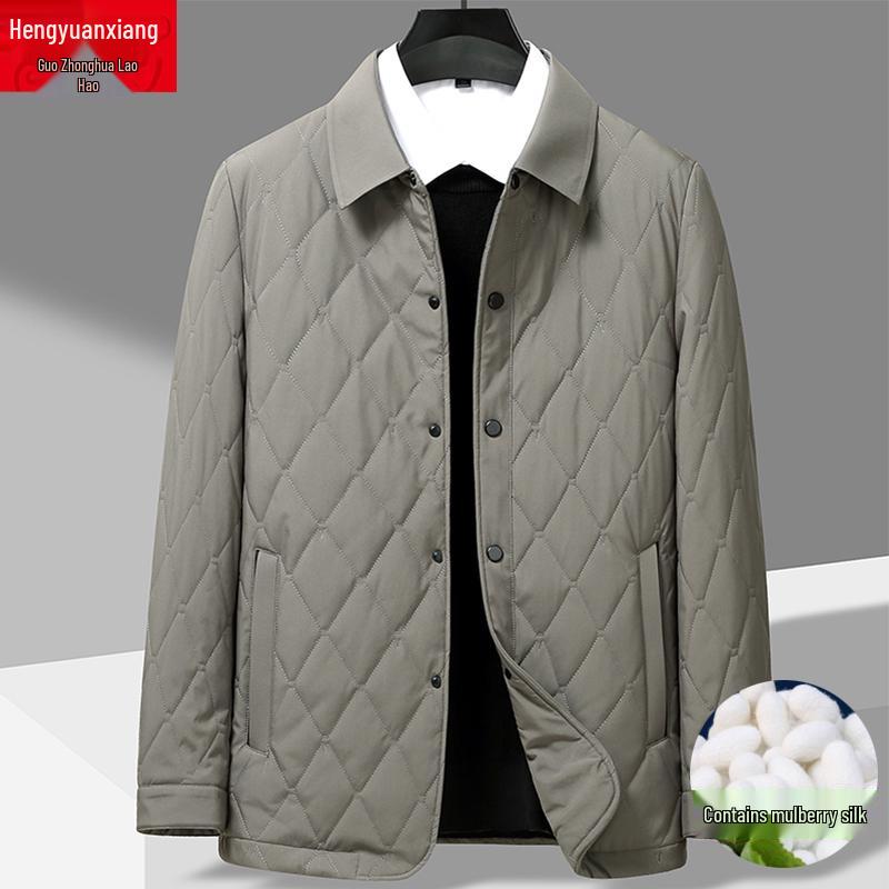 Lekka pikowana kurtka męska z wzorem rombów - Jedwab morwowy, Ciepła odzież wierzchnia na jesień/zimę.