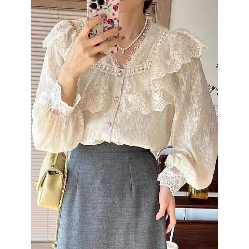 1116 new niche French design ruffle lace shirt spring and summer Korean version gentle and sweet shirt