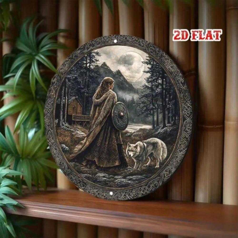 Nordic Style Aluminum Wall Art Round Viking Woman with Wolf Shield Metal Home Decor