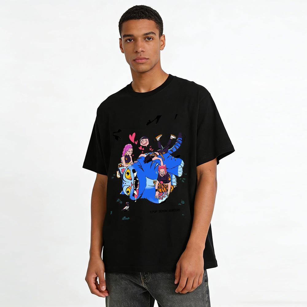 K-Pop Demon Hunters Graphic Tee Cool Blue Tiger Idol Print Unisex Casual Loose Top Pure cotton T-shirt