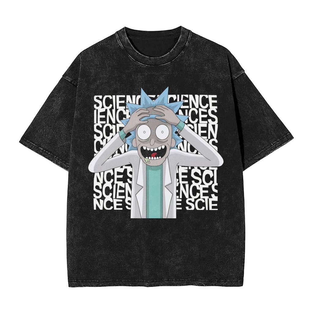 R-Rick and M-Morty Vintage Washed T-Shirt Men Polyester Clothing Kawaii Adventure Crewneck Short Sleeve