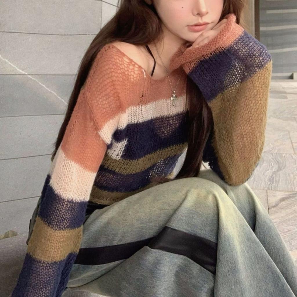 Hollow Out Backless Striped Knitted Pure Desire Spicy Girl One Shoulder Cover Shirt Top Women's Base Shirt Design Sense