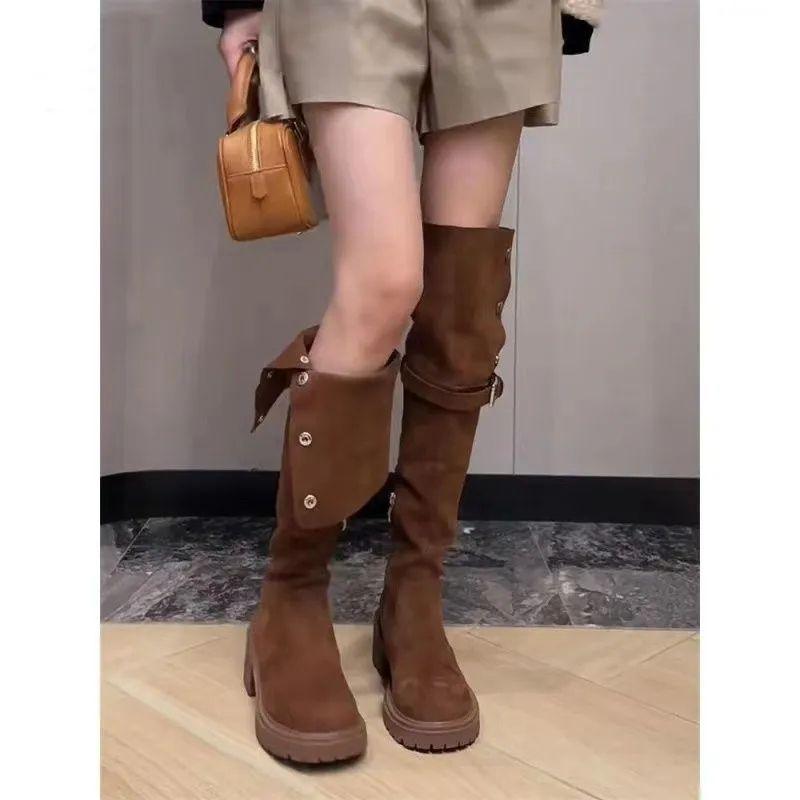 Vintage Maillard Boots Women's Autumn and Winter 2025 New Side Zipper Thick Heel Over Knee Fold Tall Knight Boots