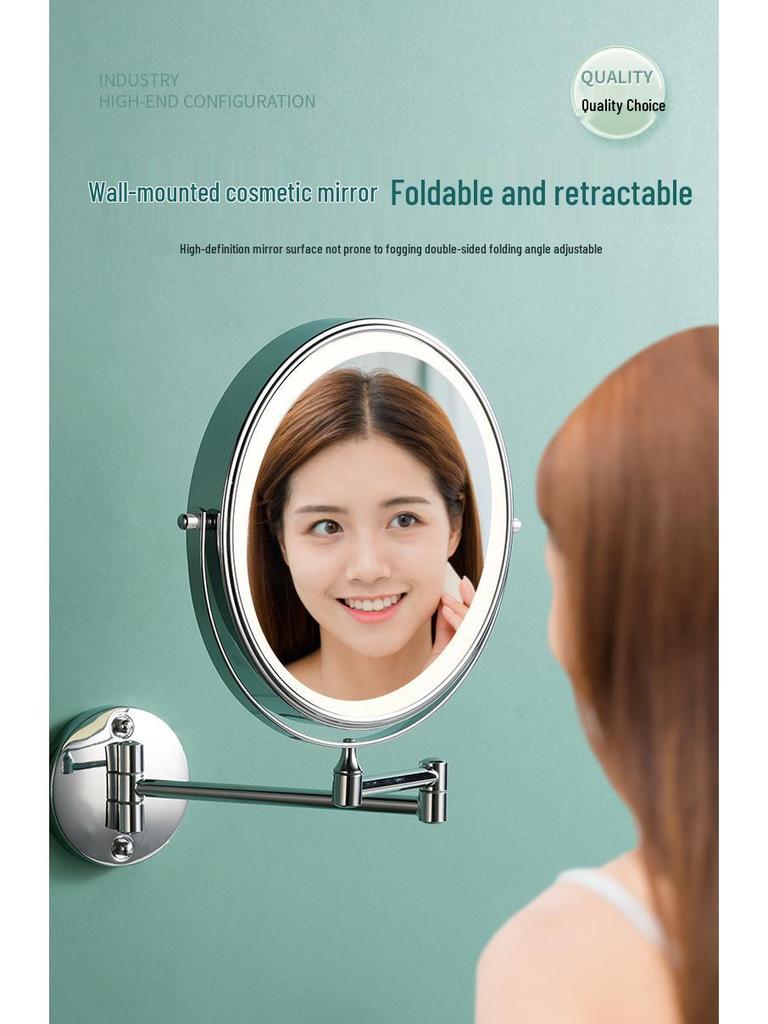 8" Wall-Mounted Folding LED Vanity Mirror - Double-Sided, Lighted, Magnifying for Bathroom Makeup