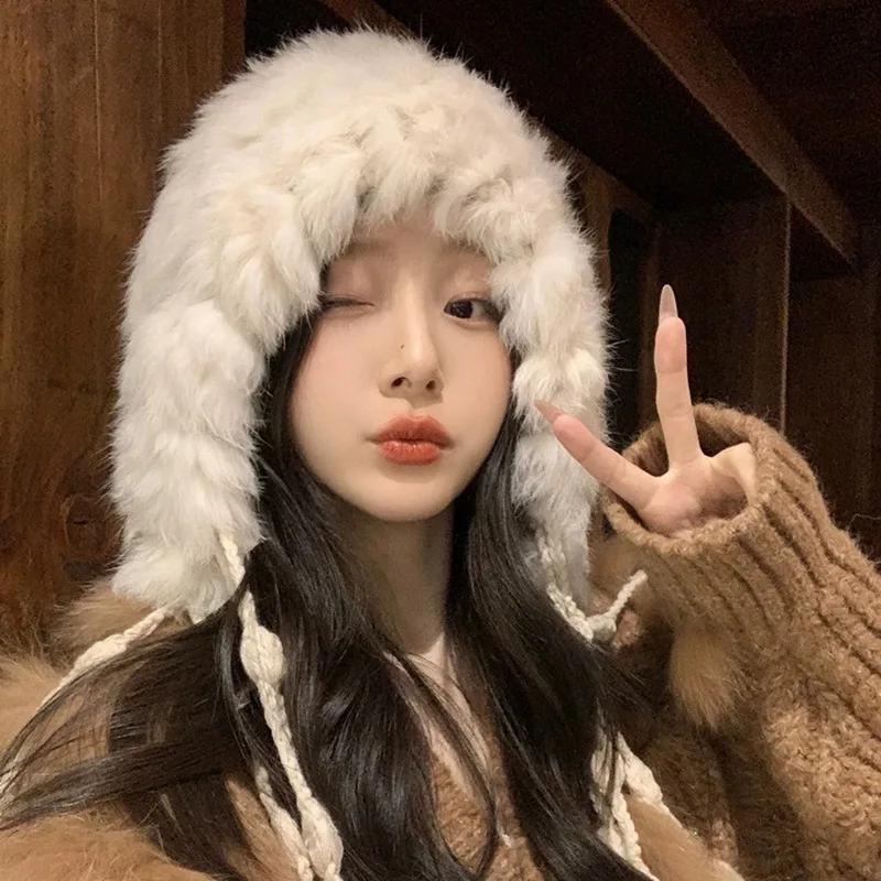 

Winter Warm Hat for Women Korean Autumn Winter Fashion Knitted Bomber Cap Warm Cold-proof Hood Scarf Ear-covering Balaclava Hat Free size