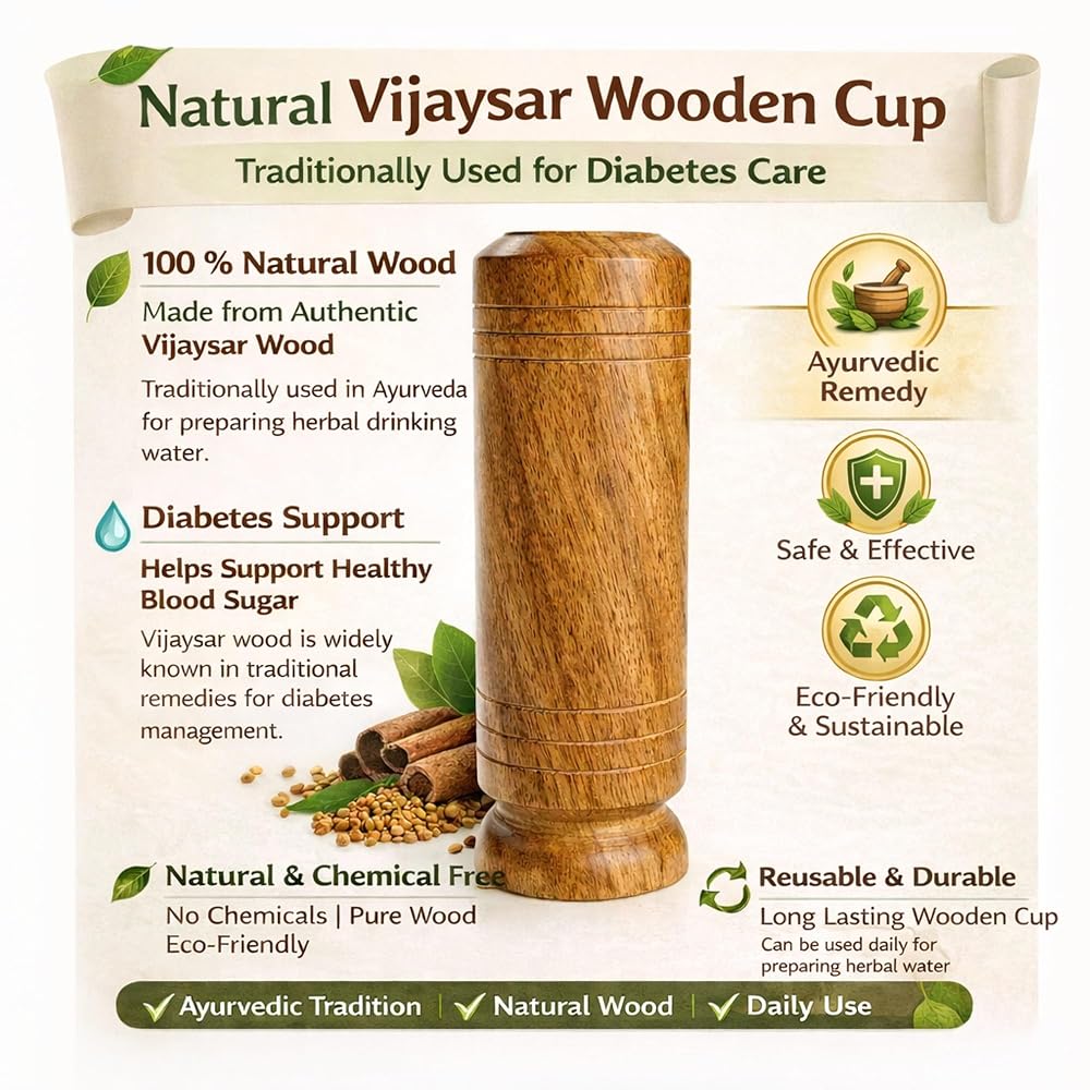 Ayurvedic Vijaysar Herbal Sugar Care Glass 100ML, Lab Certified & Approved by Ayurvedic Doctors, Original Vijaysar Wood Glass for Diabetes, Wooden