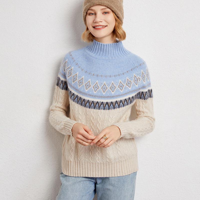 Women's Retro Thickened High Neck Cashmere Jacquard Pullover Sweater for Autumn/Winter