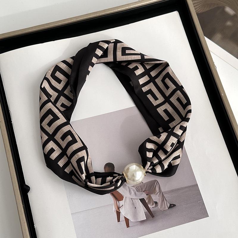 Silk scarf long strip high-end spring and summer new versatile pearl necklace neck chain scarf magnetic buckle silk scarf