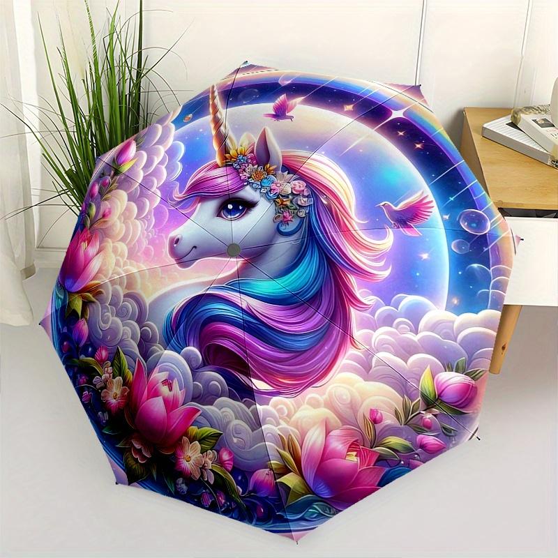 

Unicorn Fantasy Automatic folding umbrella simple eight rib design, bright color pattern, durable iron frame, ideal for travel and outdoor,