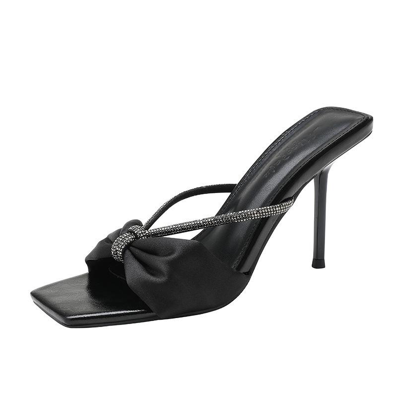 

Фиолетовый атлас со стразами и босоножками, женские, лето 2025, новые туфли с открытым носком и бантом на высоком каблуке 42