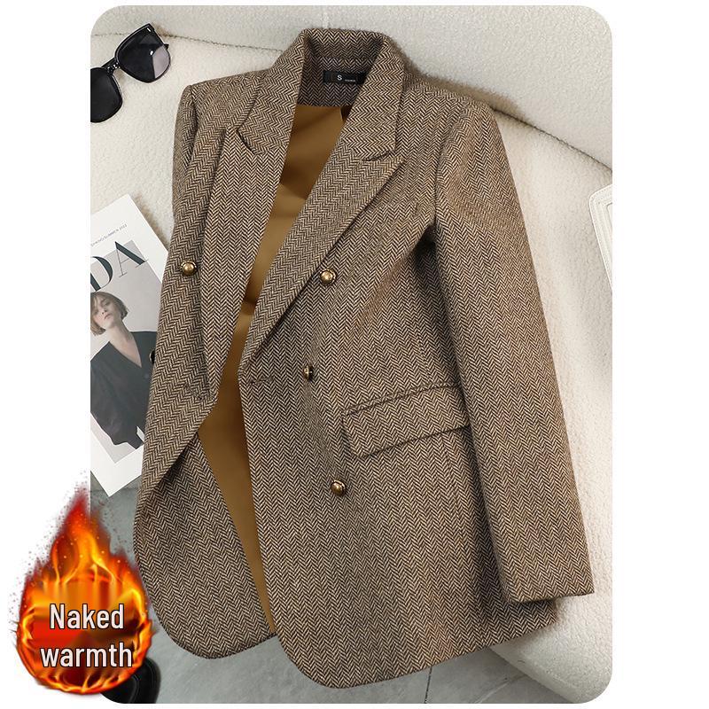 Women's Coffee-Colored Wool Blend Suit Jacket - Winter 2025, Padded, Thick, Loose Fit, Large Size.