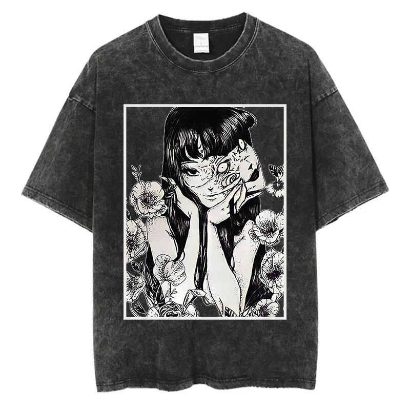 Men Fashion Washed T Shirt Streetwear Graphic Print Harajuku Hip Hop T-Shirt Summer Black Short Sleeve Cotton Loose Tops Tees