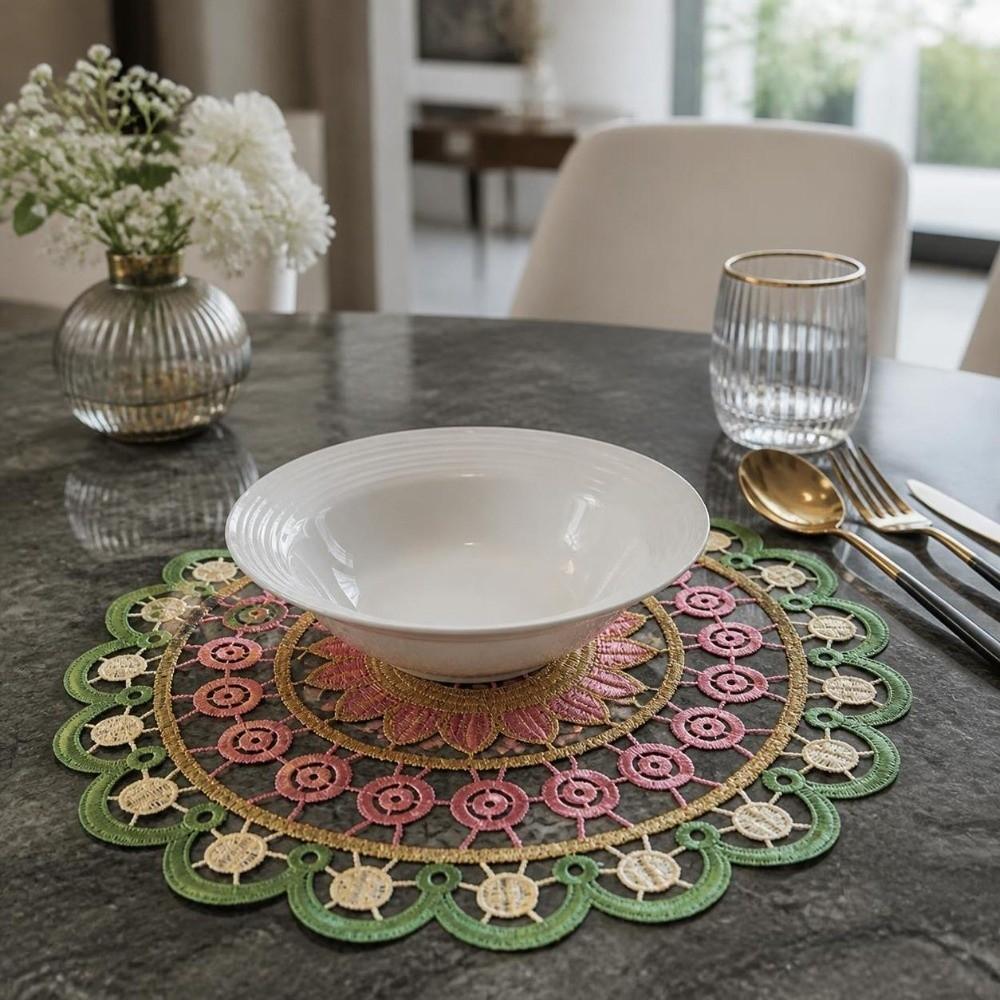 Vintage Embroidery Lace Doily Placemat Mandala Colorful Lace Coaster Table Cloth Round Hollow Table Cup Mat for Kitchen Table