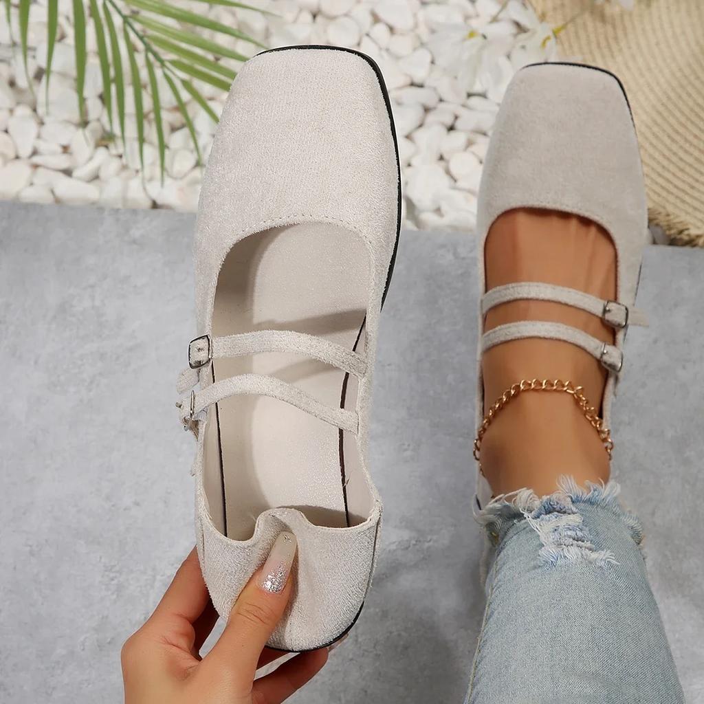 Fashion Flats Female Autumn Casual Flock Buckle Strap Square Toe Mary Jane Shoes for Women Solid Casual Shoes Woman Plus Size