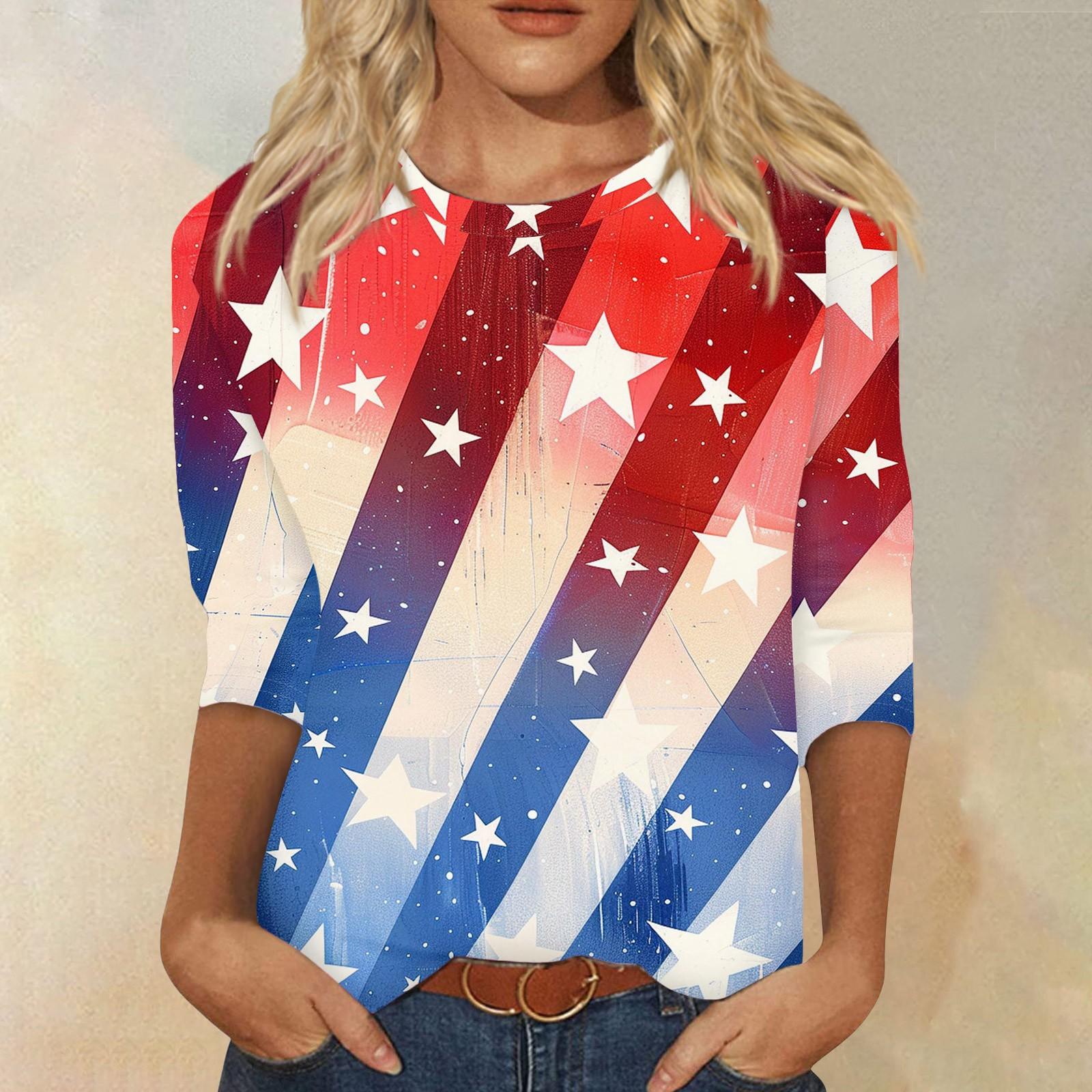 

Модний жіночий повсякденний топ з принтом і круглим вирізом до Дня незалежності з рукавом три чверті