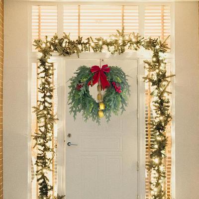 1PC Christmas Pinecone Wreath with Bell Door Hanging Heart Shaped Vine Wreath with Linen Bow for Home Christmas Decoration 50CM