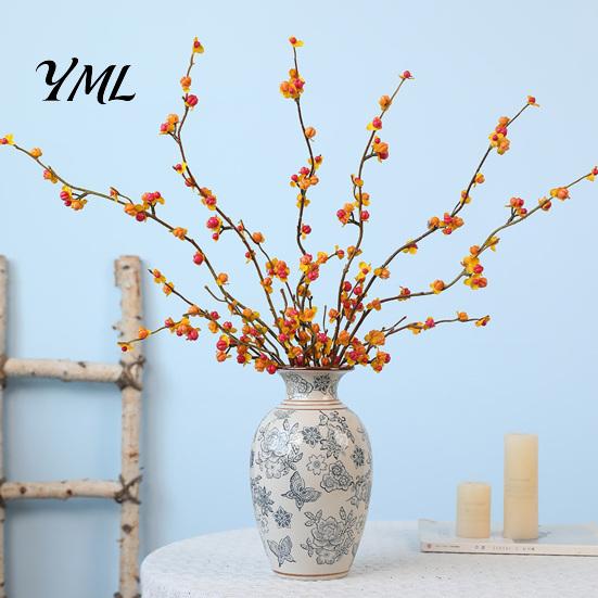 Decorative Gold Green Leaves Long Artificial Bittersweet Branches, Fall Berry Stems for Vase, Faux Plants Flexible Branches Thanksgiving Table