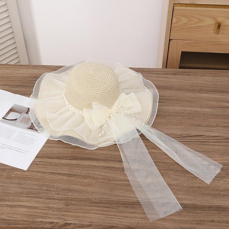 Summer Bow Sun Hat Female, Seaside Beach Vacation Sun Hat Outdoor Big Brim Sun Hat Sweet Straw Hat