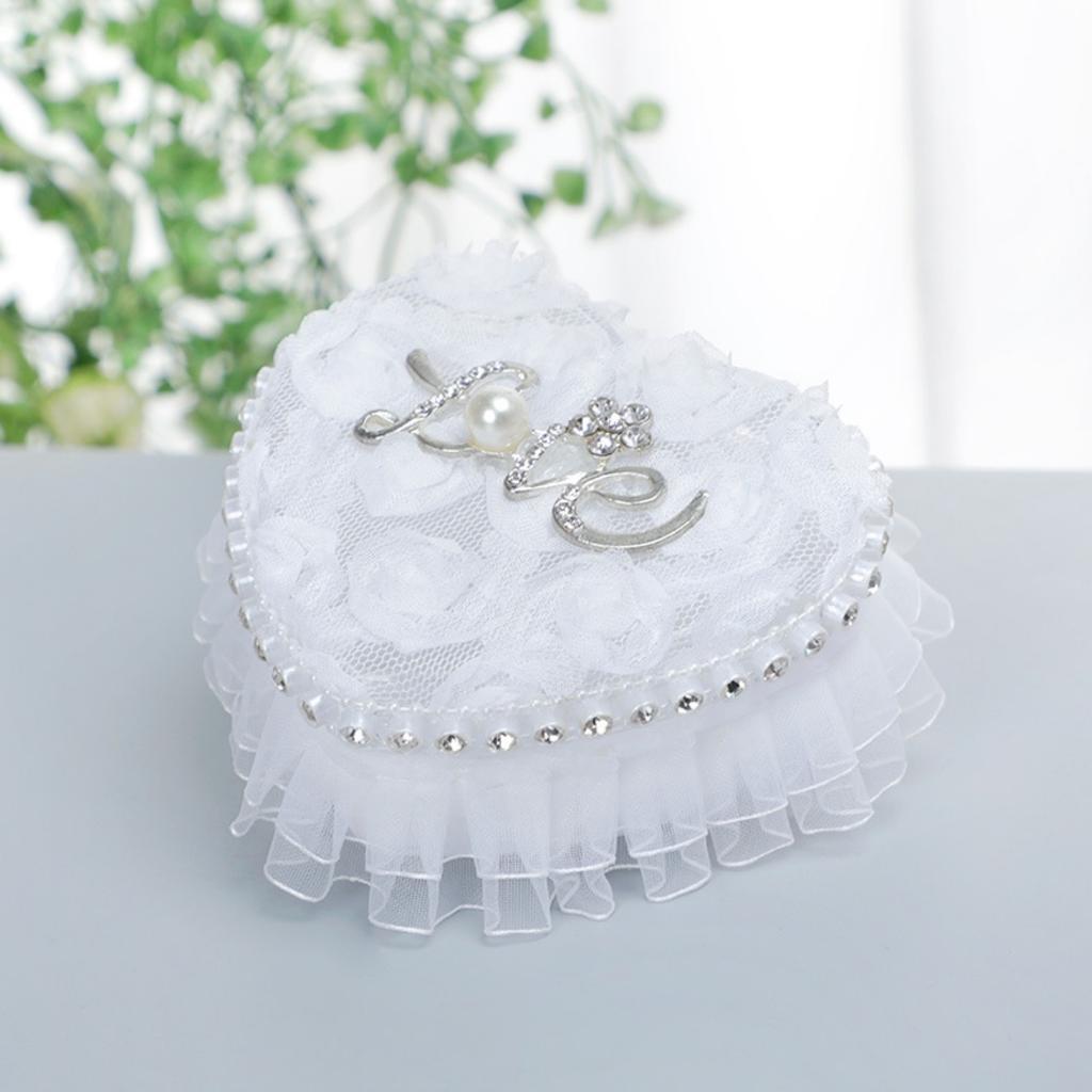 Wedding Ring Pillow Heart Box, White Romantic Lace Pearl Ring Box Holder with Ribbon for Wedding Ceremony Ring Bearer