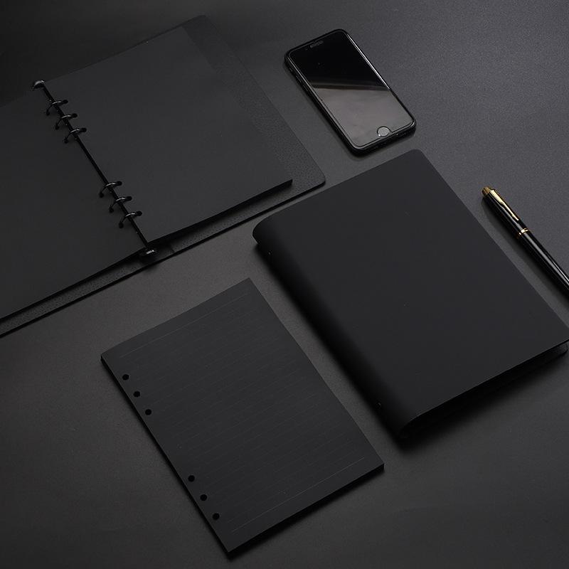 Minimalist Black A5 PU Leather Loose-Leaf Notebook with Black Card Paper Inner Pages