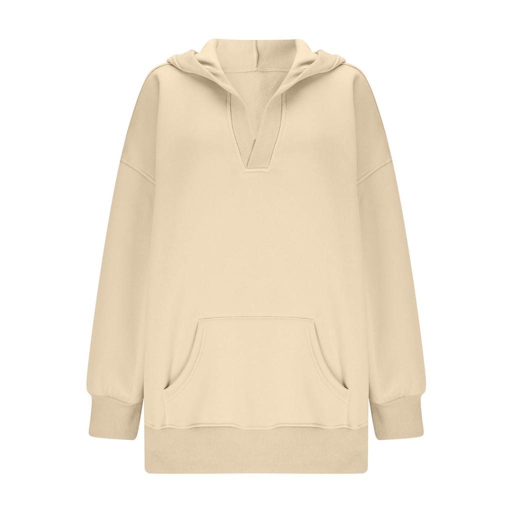 Damski swobodny pulower z dekoltem w serek, z długim rękawem, jednolity kolor, podszyty polarem, z kapturem, top