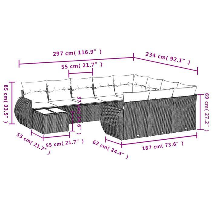 VidaXL Salon de Jardin avec Coussins 11 pcs, Canapés de Terrasse, Ensemble de Meubles de Patio, Mobilier d'Extérieur, Gris 3254267
